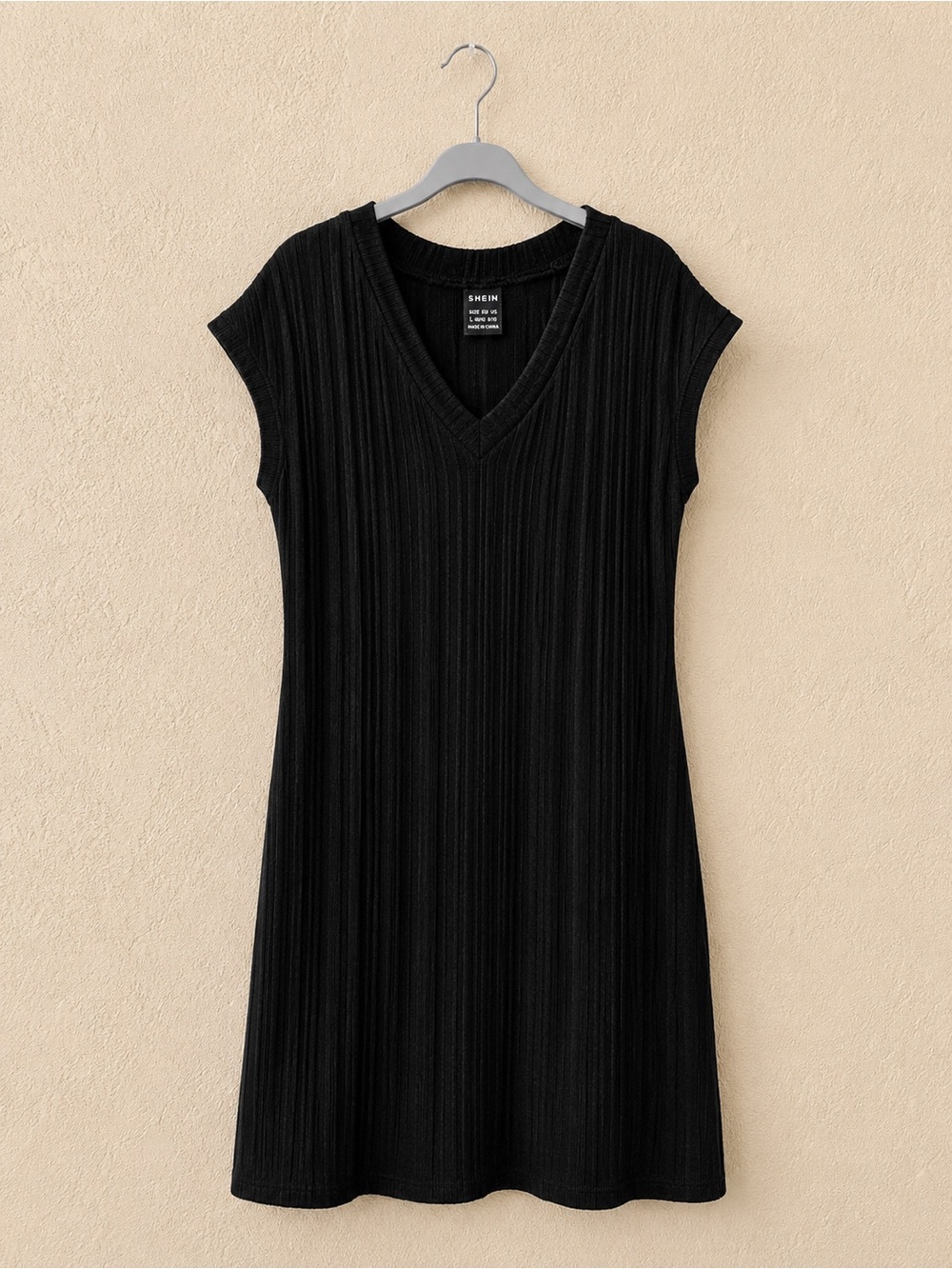 Black Ribbed V-Neck Cap Sleeve Dress